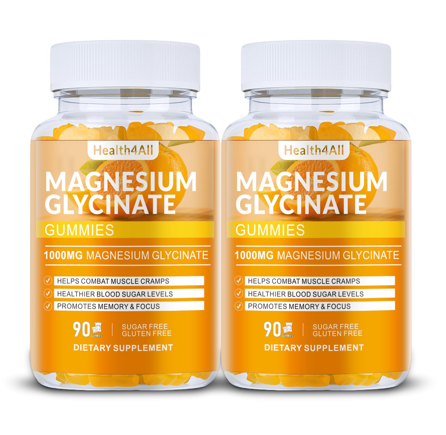 Magnesium Glycinate Gummies 1000mg, High Absorption Sugar Free Magnesium Potassium Supplement for Relaxation, Stress Relief, and Sleep Support for Adults & Kids - 180 Orange Gummies