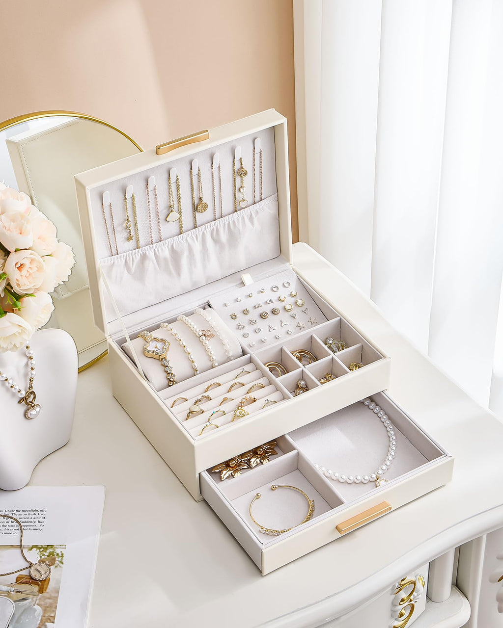 Lolalet 2-Layer Jewelry Box Organizer for Women Girls Room Decor -Beige