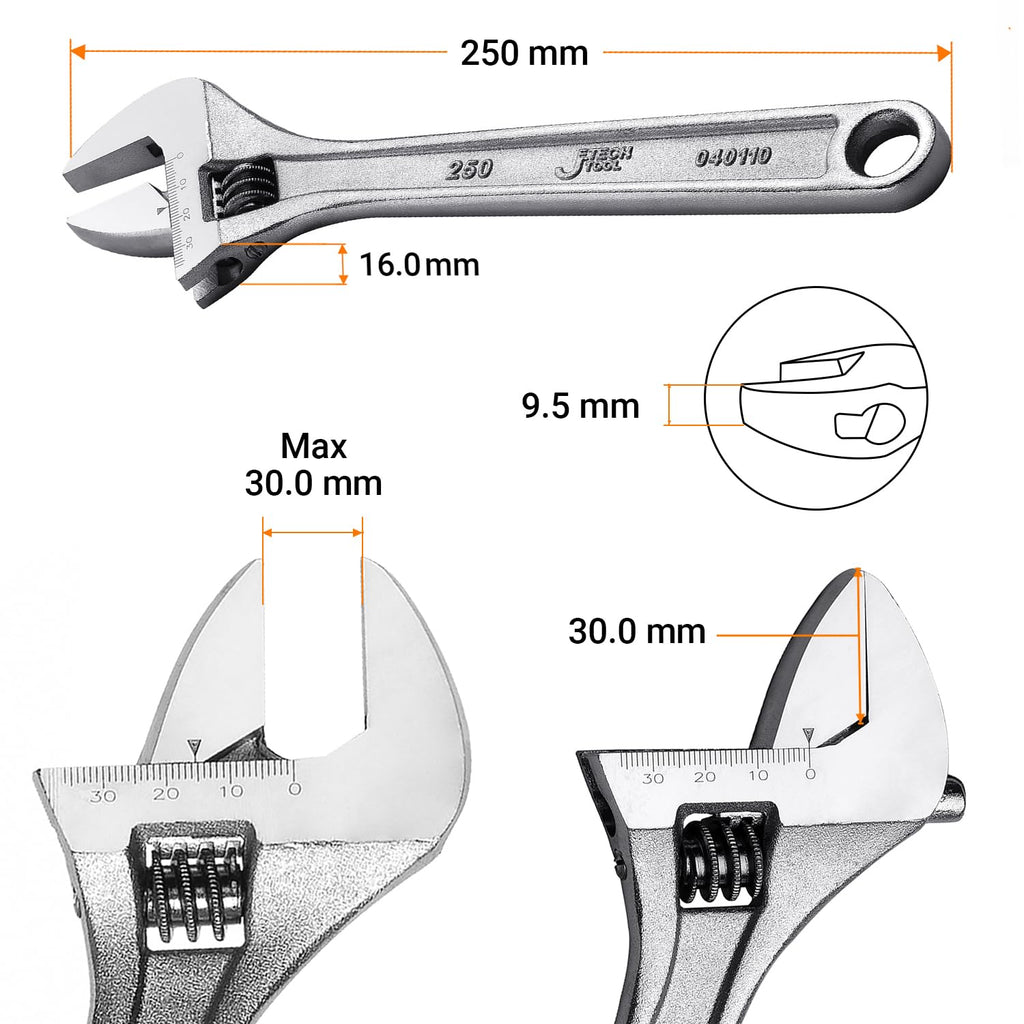 Jetech 10-Inch Adjustable Wrench - Professional Heavy Duty Chrome Vanadium Steel Shifter Spanner with Inch/Metric Scale Wide Caliber Opening