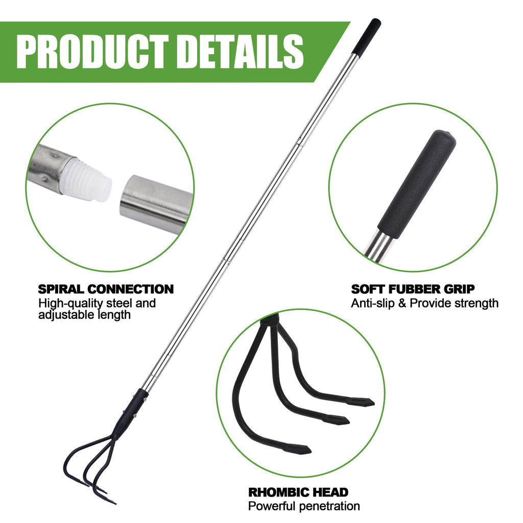 YEELOR 3-Tine Long Handle Tiller, Garden Cultivator with 55"-15.5" Adjustable Handle, for Loosening Soil, Tilling, Weeding and Fertilizing, Suitable for Elderly and Women