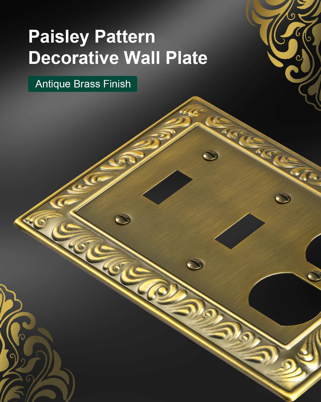 TREEWELL 2-Pack Combo Double Toggle/Single Duplex Outlet Covers, Paisley Pattern Decorative Switch Plates and Outlet Covers, 4 Gang Antique Brass Metal Wall Plates, Corrosion Resistant