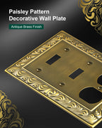TREEWELL 2-Pack Combo Double Toggle/Single Duplex Outlet Covers, Paisley Pattern Decorative Switch Plates and Outlet Covers, 4 Gang Antique Brass Metal Wall Plates, Corrosion Resistant