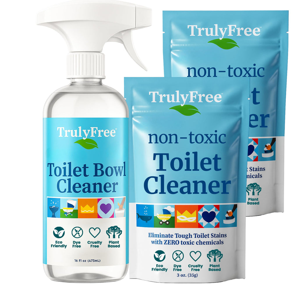 Truly Free Toilet Bowl Cleaner - Heavy-Duty Stain Remover - Septic Safe, Plant-Based Formula - Fresh Peppermint Scent - 2 Refills (3oz) with Empty Refillable Bottle