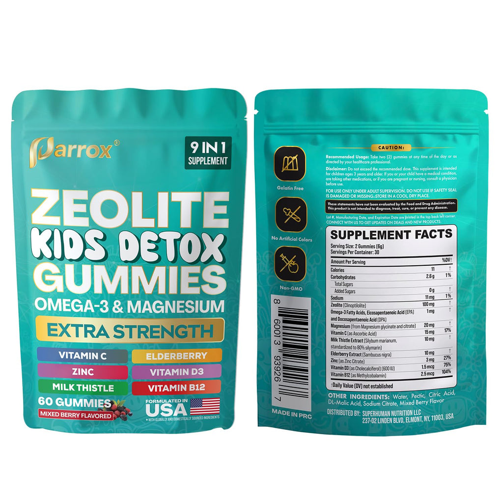 Parrox Zeolite Kids Gummies, 9-in-1 with Zeolite, Omega-3, Magnesium, Elderberry, Vitamin C, Milk Thistle, Vitamin D3, Zinc, B12 – Sugar-Free (60 Gummies – Mixed Berry Flavor)