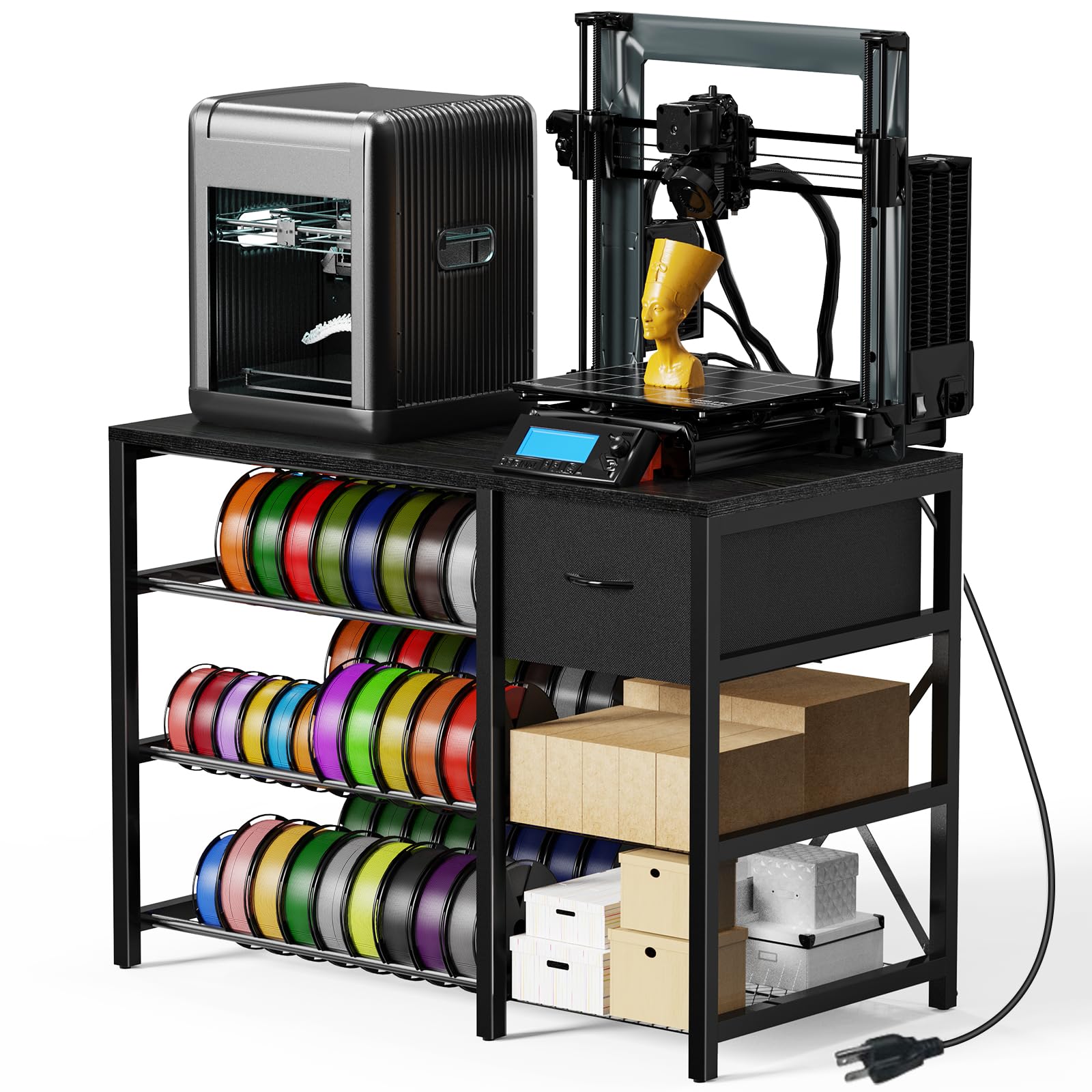 GUULIBERA 3D Printer Stand with Filament Storage Rack, Black 3D Printer Table with Power Outlet, 3-Tier Filament Holder with Drawer, 3D Printer Filament Stand Organized for Office Workshop Studio