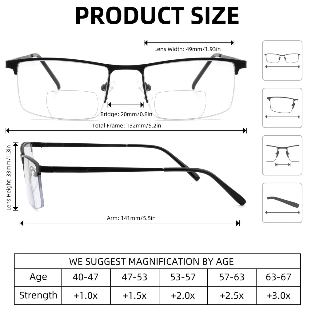 zooxsky 3 Pack Bifocal Reading Glasses for Men,Lightweight Metal Half Frame Clear Top Bi-focal Readers with Spring Hinge+2.50