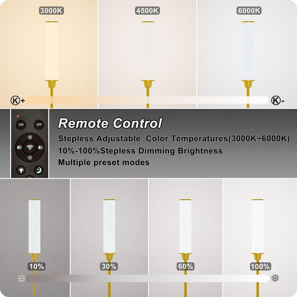 Nukanu Floor Lamp with Remote Control,Floor Lamps for Living Room/Bedroom/Office, Stepless Adjustable 3000K-6000K Colors and 10-100% Brightness,Standing Light with Foot Switch (brassgold+Beige Linen)