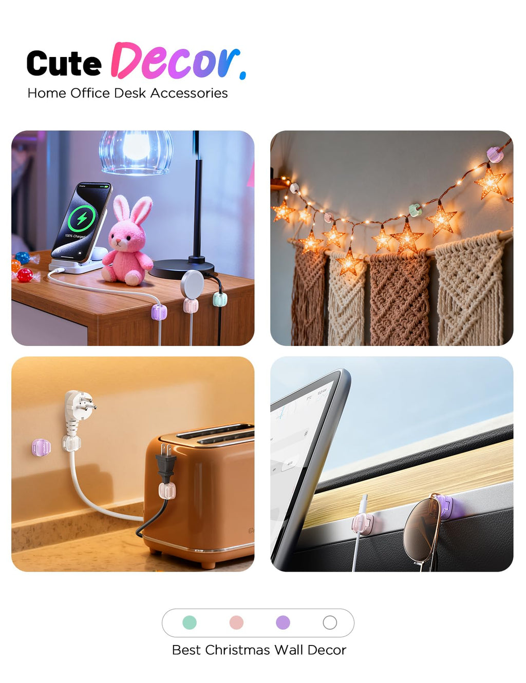 Cable Clips,12 Pack Cord Holder Cord Organizer [1s Lock & Strongest Adhesive] Spring Cord Clips Phone Charger Wire Desk Cable Management Nightstand Home Office School Decor Women Cute Desk Accessories