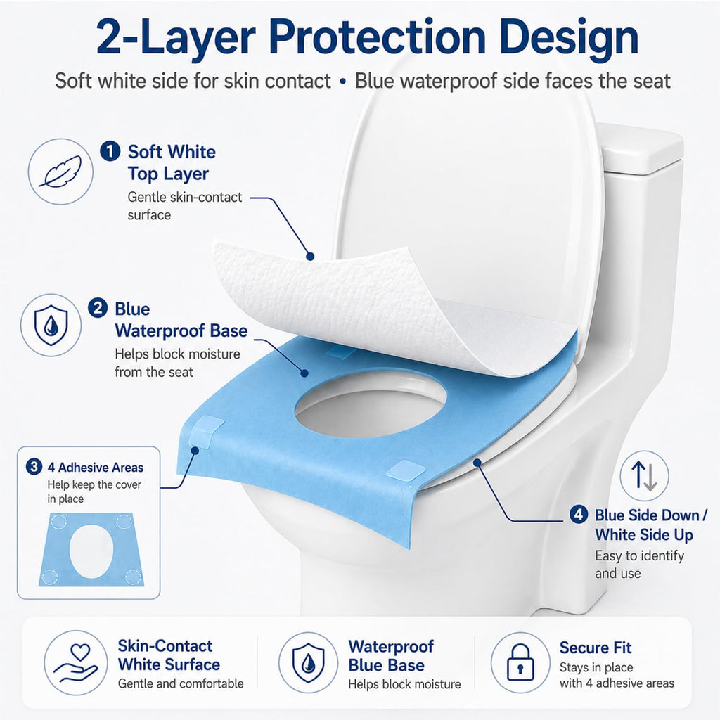 Umeida 50 Count Disposable Toilet Seat Covers, XL Waterproof Travel Pack, Center Strip Stays Attached, Adhesive Tabs, Individually Wrapped for Public Restrooms, Airplane, Kids and Adults