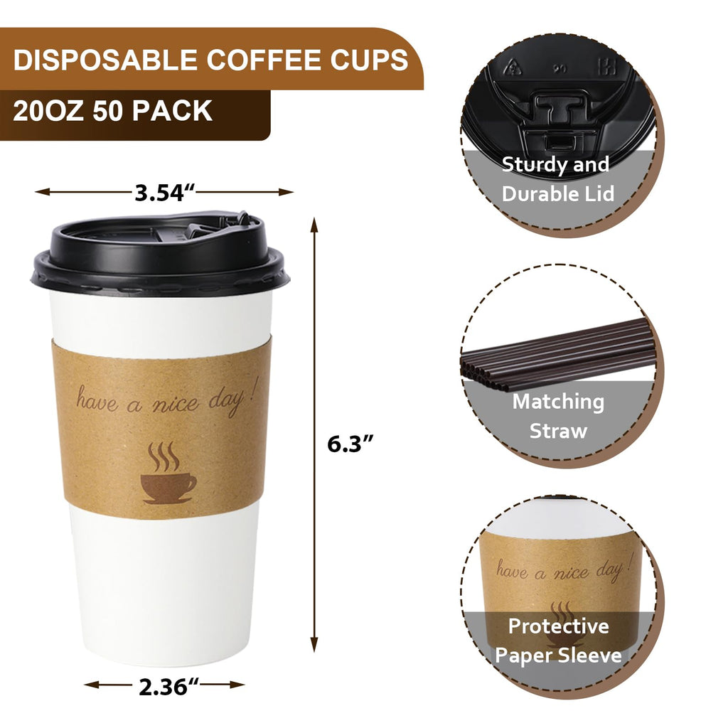 BYSNOW 20 oz 50 pack Disposable Paper Coffee Cups, Paper To Go Cups with Lids, Sleeves and Stirring Sticks, Hot Paper Cups for Home, Office and Party (White 20oz)