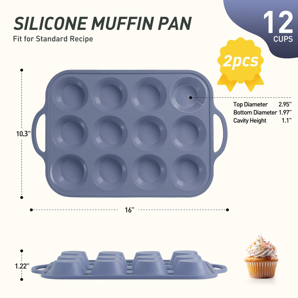 2 Packs 12 Cups Silicone Muffin Pan with Metal Reinforced Frame Regular Size Cupcake Pan Tray Egg Bites Silicone Circle Cookie Molds Muffin Tin Tart Pans Baking Sheet Set for Breakfast Sandwiches