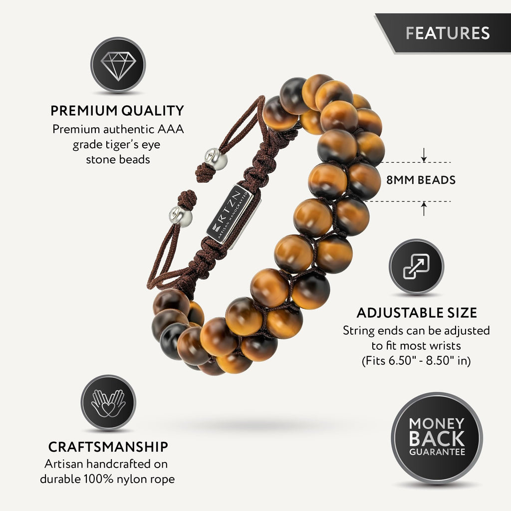 RTZN® Tigers Eye Bracelets for Men – Premium Artisan Handcrafted Golden Brown Tiger Eye Bead Bracelets – Natural Stone Tiger Eye Bracelet Men Beaded Bracelets (Morocco)