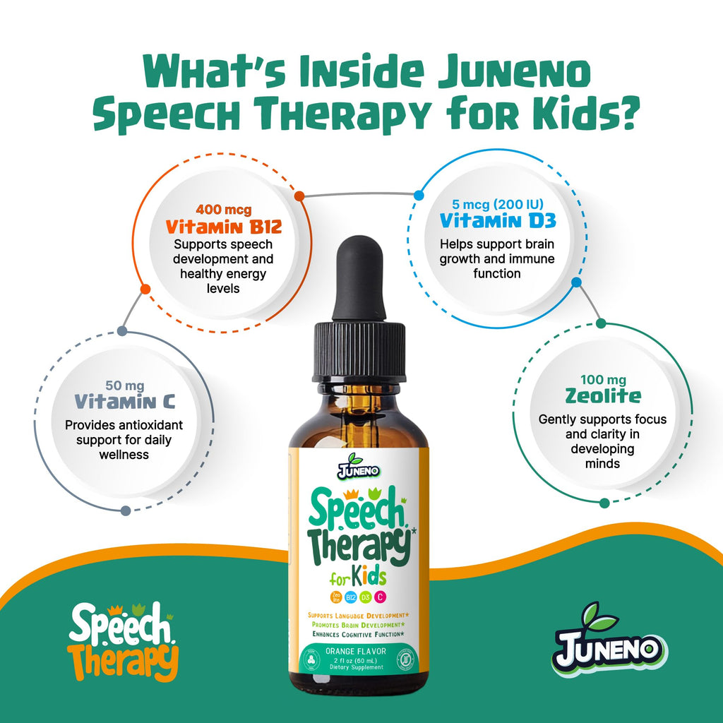 Juneno Speech Therapy Drops - Support Supplement for Kids with Communication Delay Language Brain Development Cognitive Function - Zeolite Vitamins B12 D3 C for Daily Wellness - Sugar Free Gluten-free