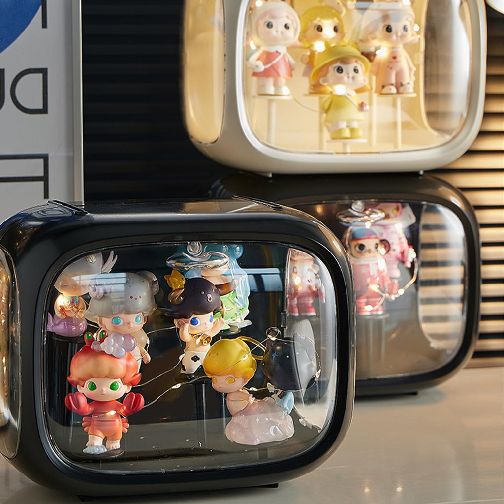 Display case for Figures with Light Adjustable Display Stand Clear Acrylic Display Box with Door Dust and Moisture Proof Suitable for Lego Collectibles Action Figures Pop Mart (Black)