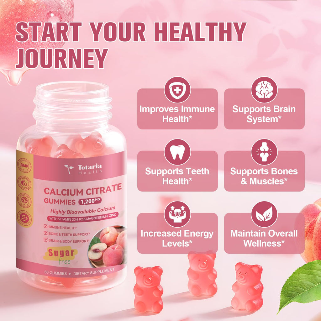 2 Pack Calcium Citrate Gummies 1200 mg - Calcium Supplements for Women with Vitamin D3 & K2,Magnesium,Zinc - Sugar Free Calcium Gummies for Bone & Teeth & Immune Support- Peach Flavor