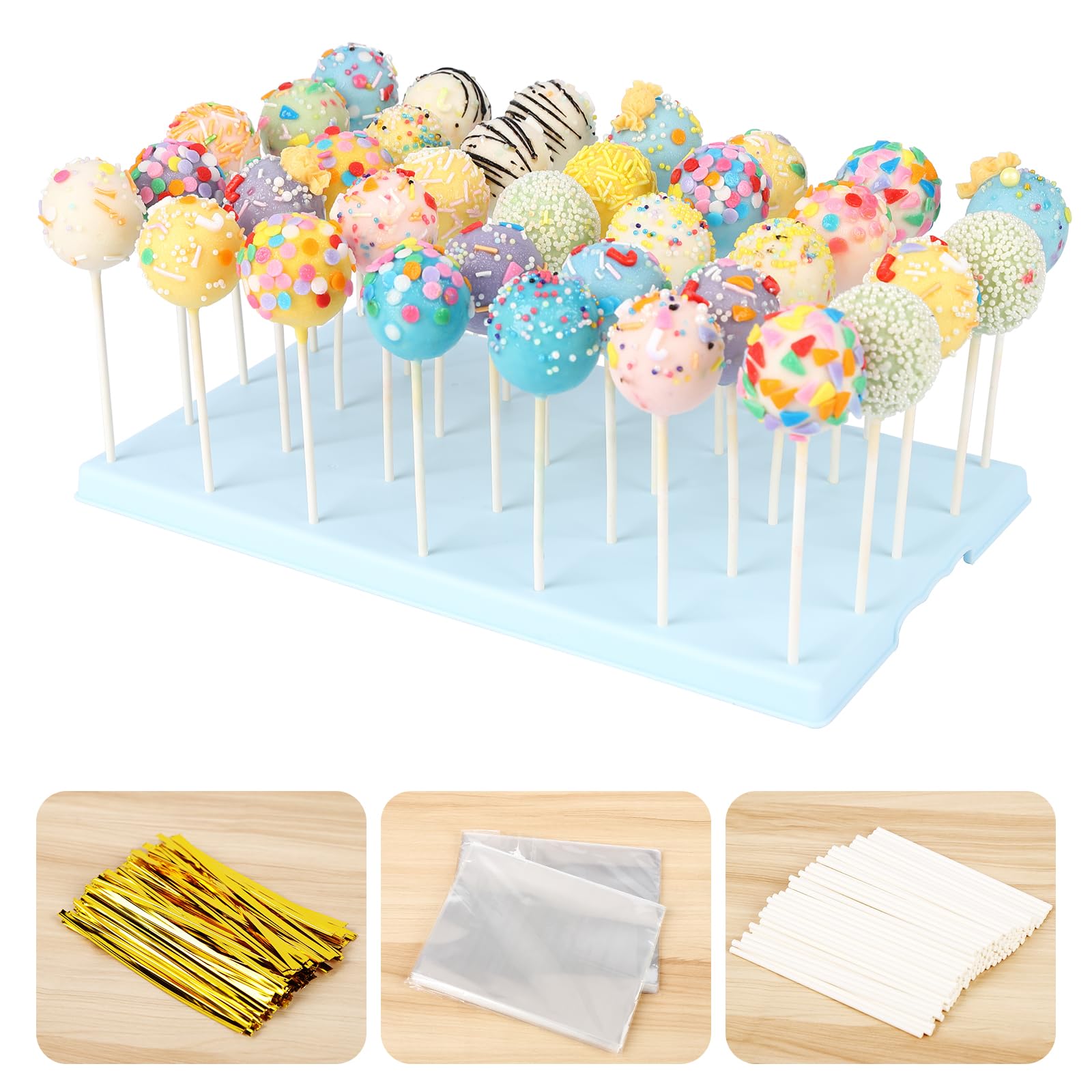 35-Hole Blue Cake Pop Stand with 100 Sticks, 100 Bags & 100 Gold Ties