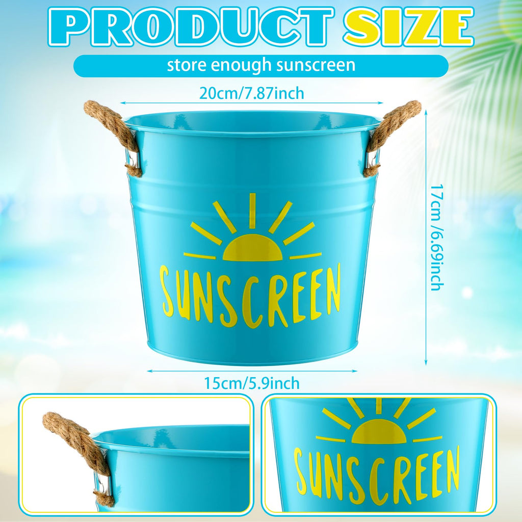 Blulu Sunscreen Holder Storage Pool Spray Bucket Tin Handle Poolside Basket 7.8 x 6.7 x 5.9 Inches Summer Pool Swimming Storage for Outdoor Decor Sunblock Sunglasses Accessories