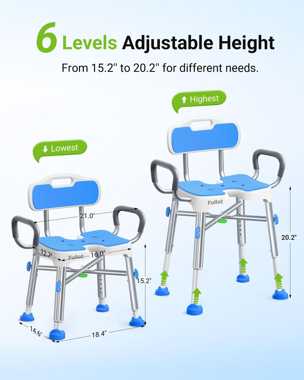 Ergonomic H-Shaped Shower Chair for Elderly and Disabled with Padded Back & Arms,500 lbs Heavy Duty Adjustable Shower Stool Seat for Easy Cleaning, Anti-Slip Bath Chairs for Bathtub