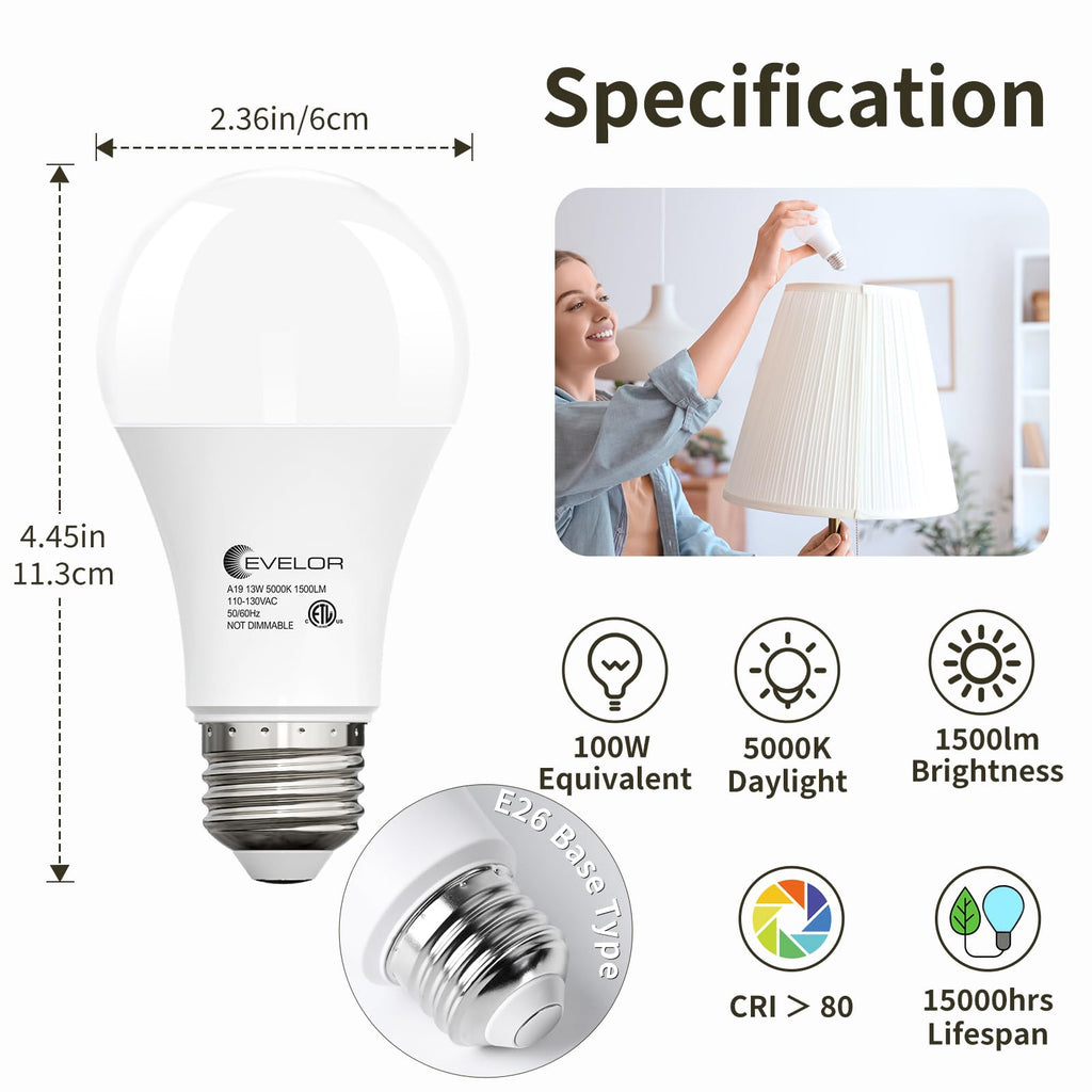 evelor 6-Packs A19 LED Light Bulbs,100 Watt Equivalent Daylight 5000K Bright Bulbs Efficient 13W,1500 Lumens E26 Base, Non-Dimmable, 15000-Hour Lifespan for Bedroom, Living Room, Office