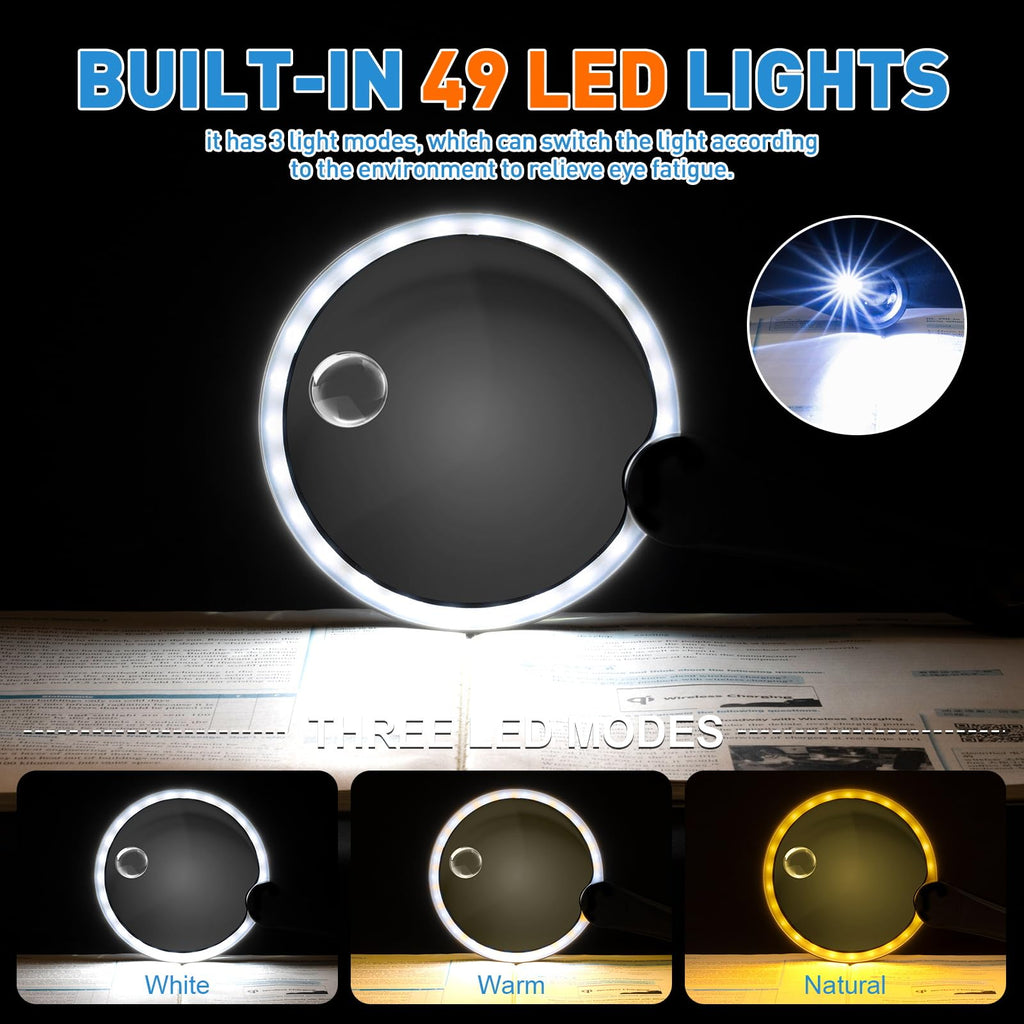 NUEYiO 5.2 Inch Large Rechargeable Magnifier with Light, 30X 40X 60X Handheld Magnifying Glass with 49 Anti-Flicker LED Light, Third Gear Dimming Strongest Lighted Magnifier for Seniors Reading Coins