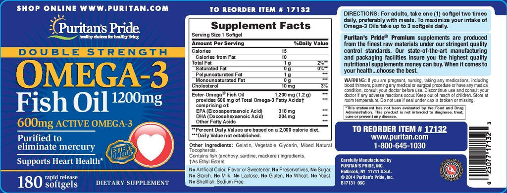 Puritan's Pride Omega-3 Fish Oil 1200 Mg, 180 Count