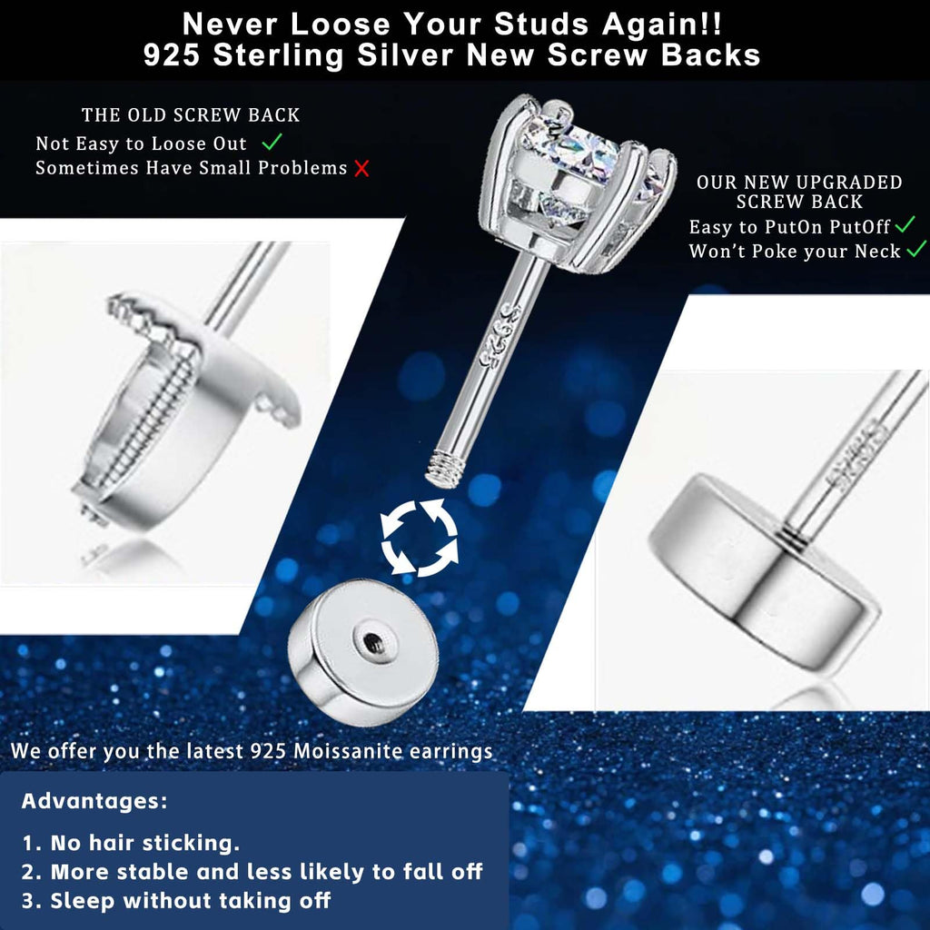 3 Pairs Moissanite Stud Earrings for Women Men S925 Sterling Silver Flat Back Earring D Color VVS1 Moissanite Cartilage Jewelry Set (Silver)
