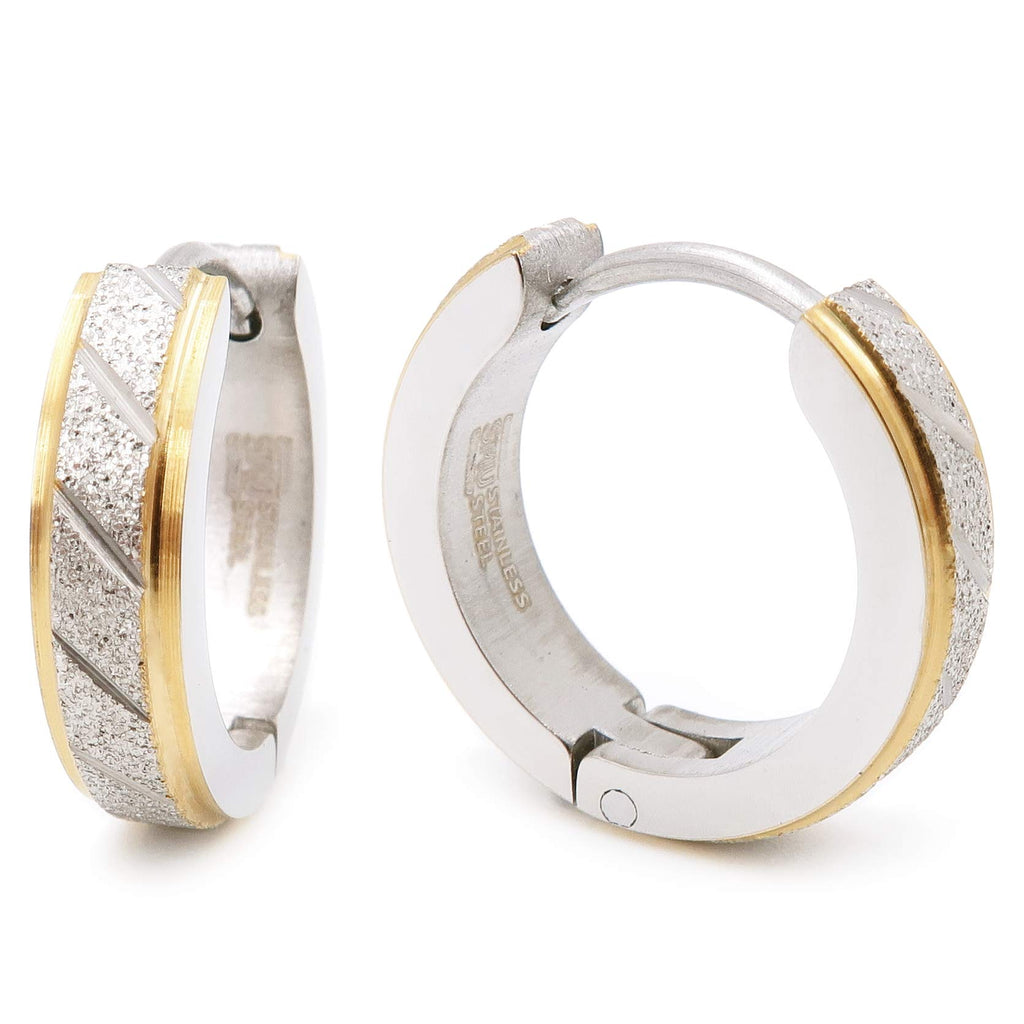 Stainless Steel Mens Hoop Earrings Stripe Gold-tone Color Bevel Edge 16mm