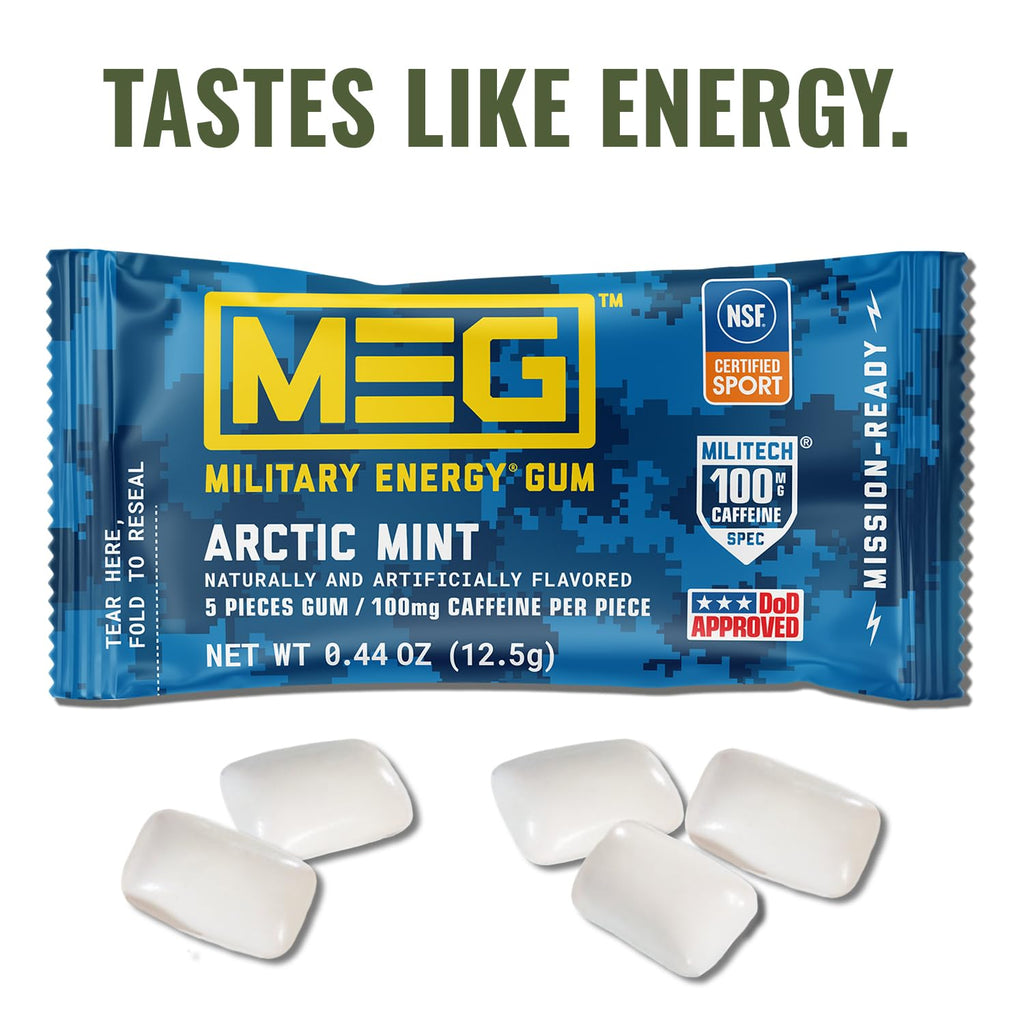 MEG (Military Energy Gum) - Arctic Mint | Enhance Your Physical Performance with 100mg of Caffeine Per Piece, Ultimate Energy Boost for Workouts, Alternative to Energy Drinks | NSF for Sport® Certified - Pack of 24