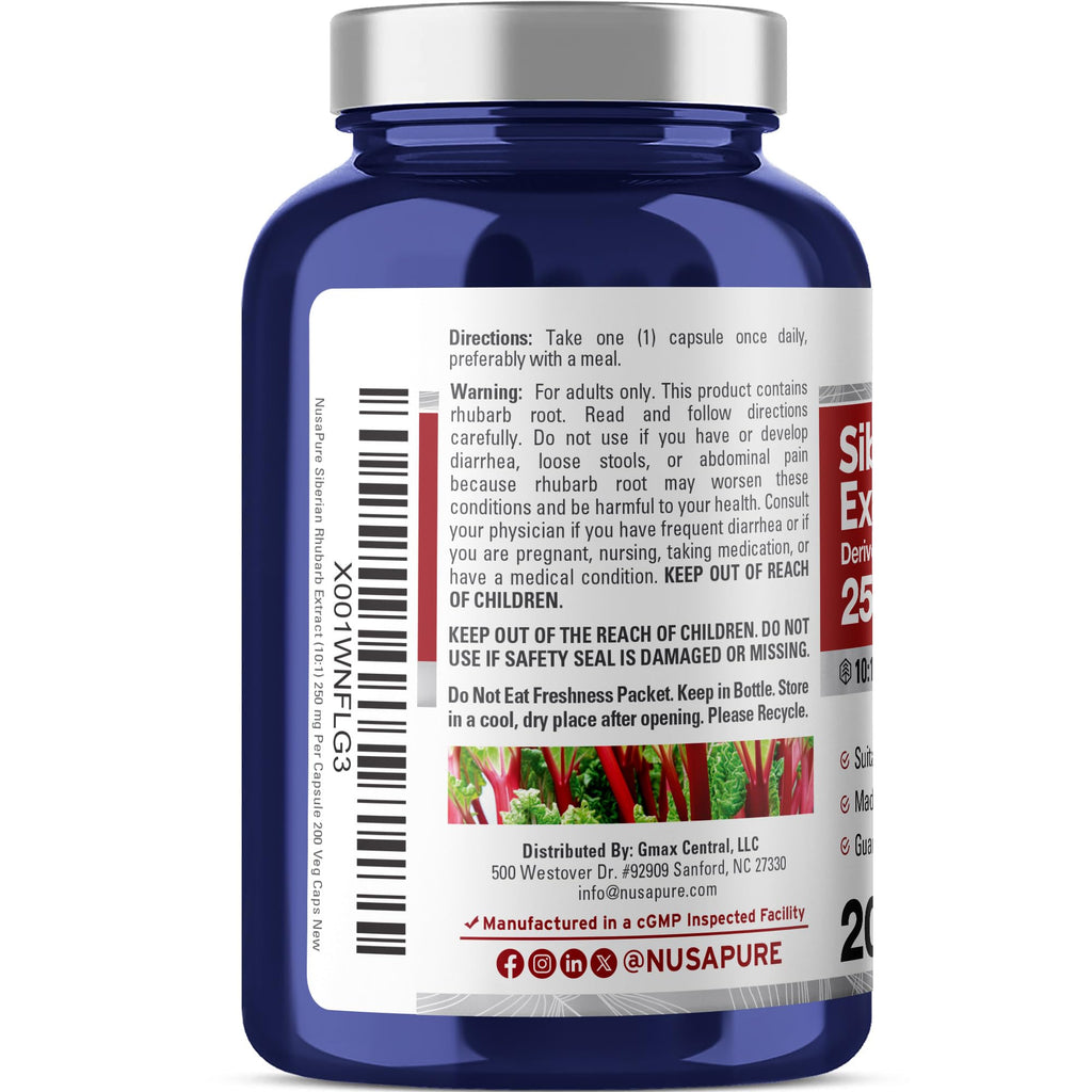 NusaPure Siberian Rhubarb, 250 mg, 200 Veg Capsules (Non-GMO, Vegan)