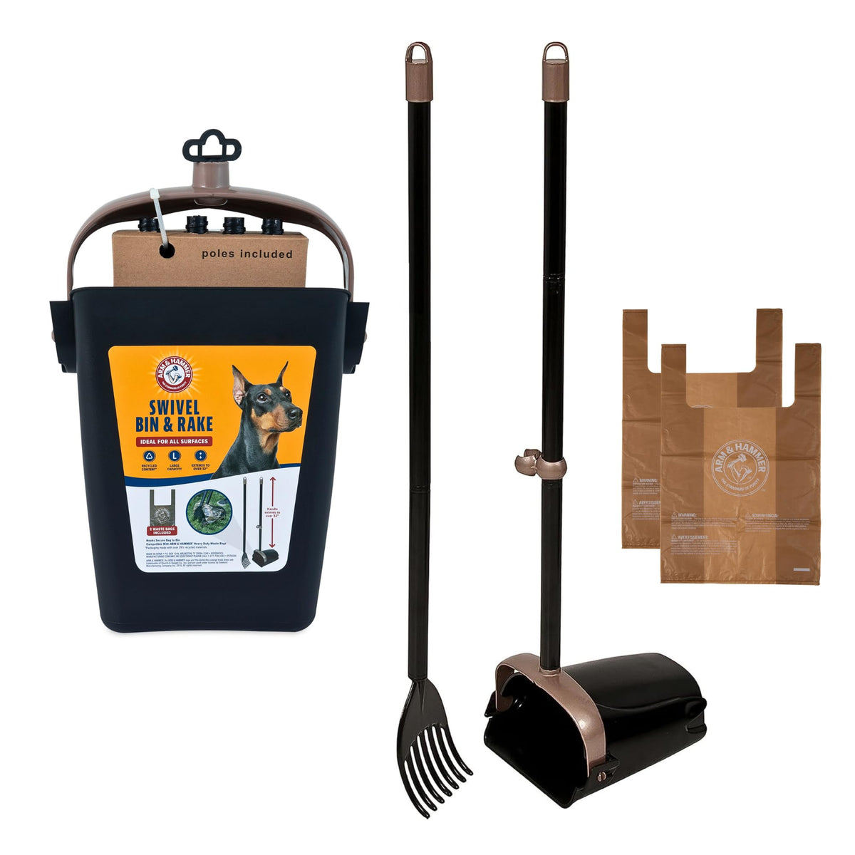 Arm & Hammer Swivel Bin & Rake Dog Pooper Scooper, Includes 2 Waste Bags