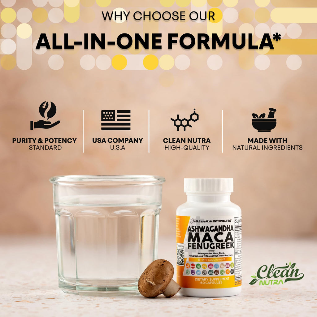 Clean Nutraceuticals Ashwagandha Maca Root Fenugreek Supplement with Tongkat Ali Ginseng - Assists with Stress, Mood & Thyroid - Ashwagandha Capsules Fenugreek Caps - 1 Pack