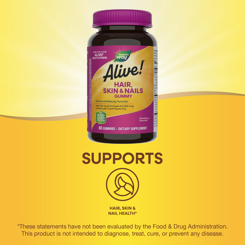 Nature's Way Alive! Hair, Skin & Nails Gummies, Advanced Beauty Formula*, with Biotin and Collagen, Strawberry Flavored, 60 Gummies (Packaging May Vary) (Pack of 2)