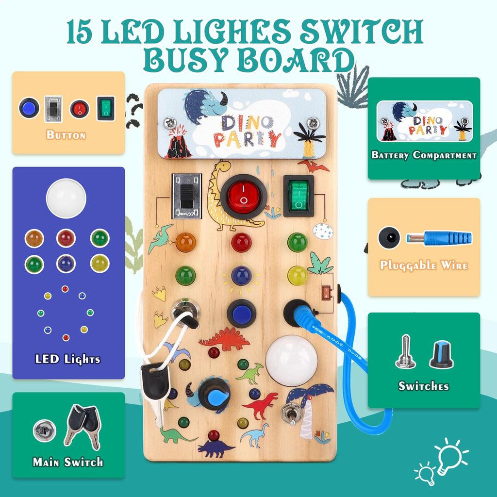 Dinosaur Busy Board with 8 LED Light Switches, Toddler Montessori Busy Board with Light Switch, Sensory Travel Toys, Montessori Toys for 1+ Year Old Boys