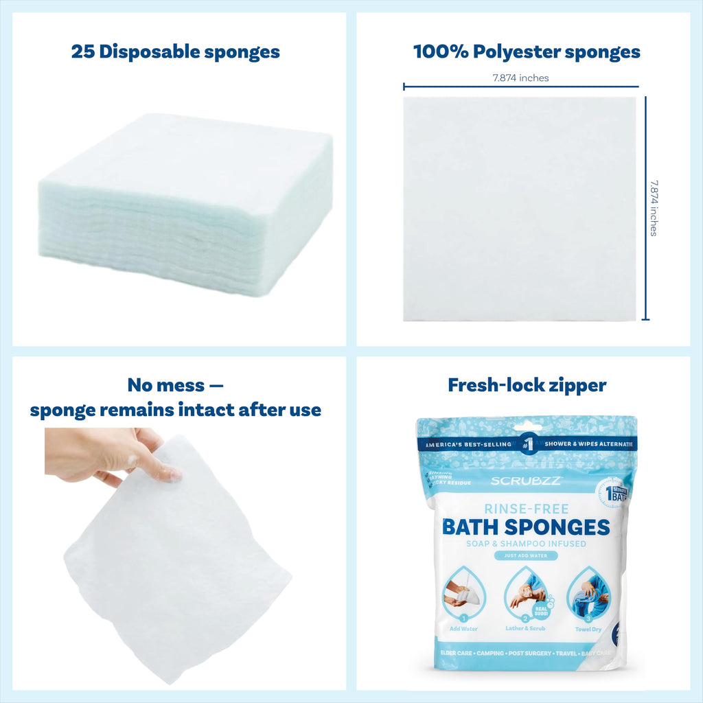 Scrubzz Disposable Rinse Free Bathing Wipes - 25 Pack - All-in-1 Single Use Shower Wipes, Simply Dampen, Lather, and Dry Without Shampoo or Rinsing