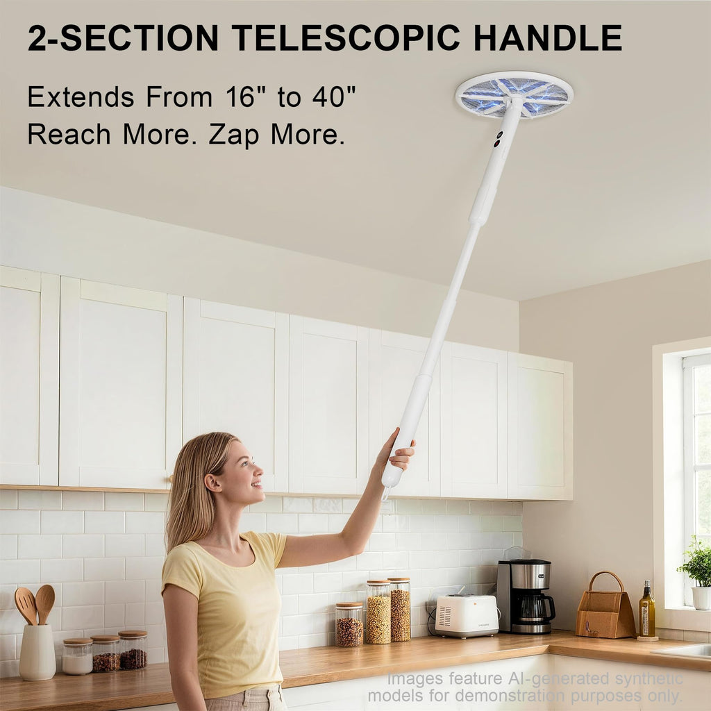 Rotating Head Electric Fly Swatter for Indoors with 16–40" Telescopic Handle, 4000V 2-in-1 UV USB Rechargeable Bug Zapper Indoor Outdoor, Fly Mosquito Zapper Killer Catcher Trap for Ceilings and Walls