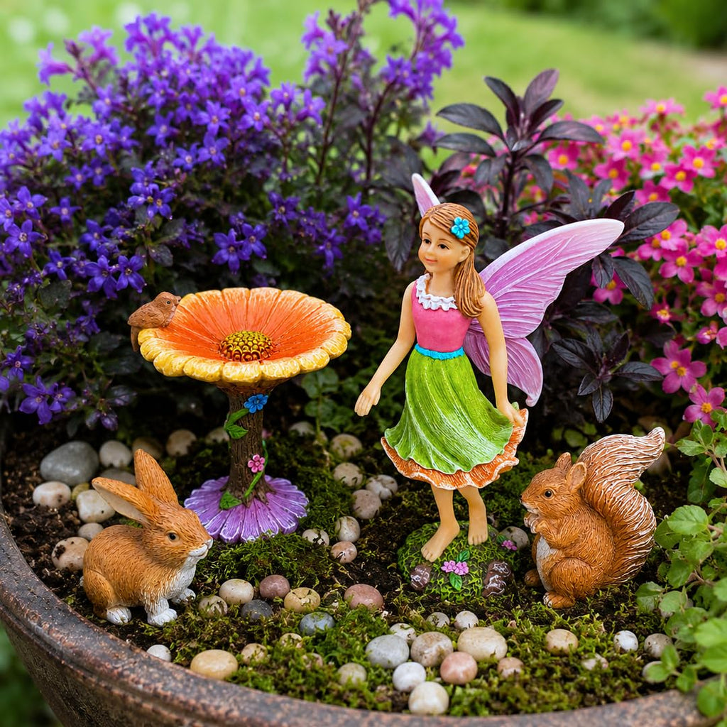 Mood Lab Fairy Garden Figurines with Flower - Miniature Decor Set (4 pcs) - Statues & Accessories - Outdoor Indoor Garden Decor