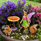 Mood Lab Fairy Garden Figurines with Flower - Miniature Decor Set (4 pcs) - Statues & Accessories - Outdoor Indoor Garden Decor