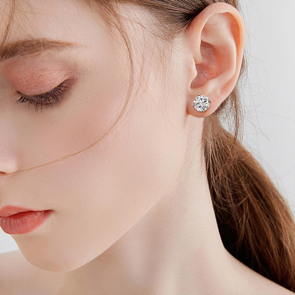 Moissanite Stud Earrings, Round Cut D Color VVS1 Clarity Lab Created Moissanite Earrings Studs 18K White Gold Plated 925 Sterling Silver Jewelry for Women Men (Silver 4 Prong, 4 CTW (2 Ct Each))