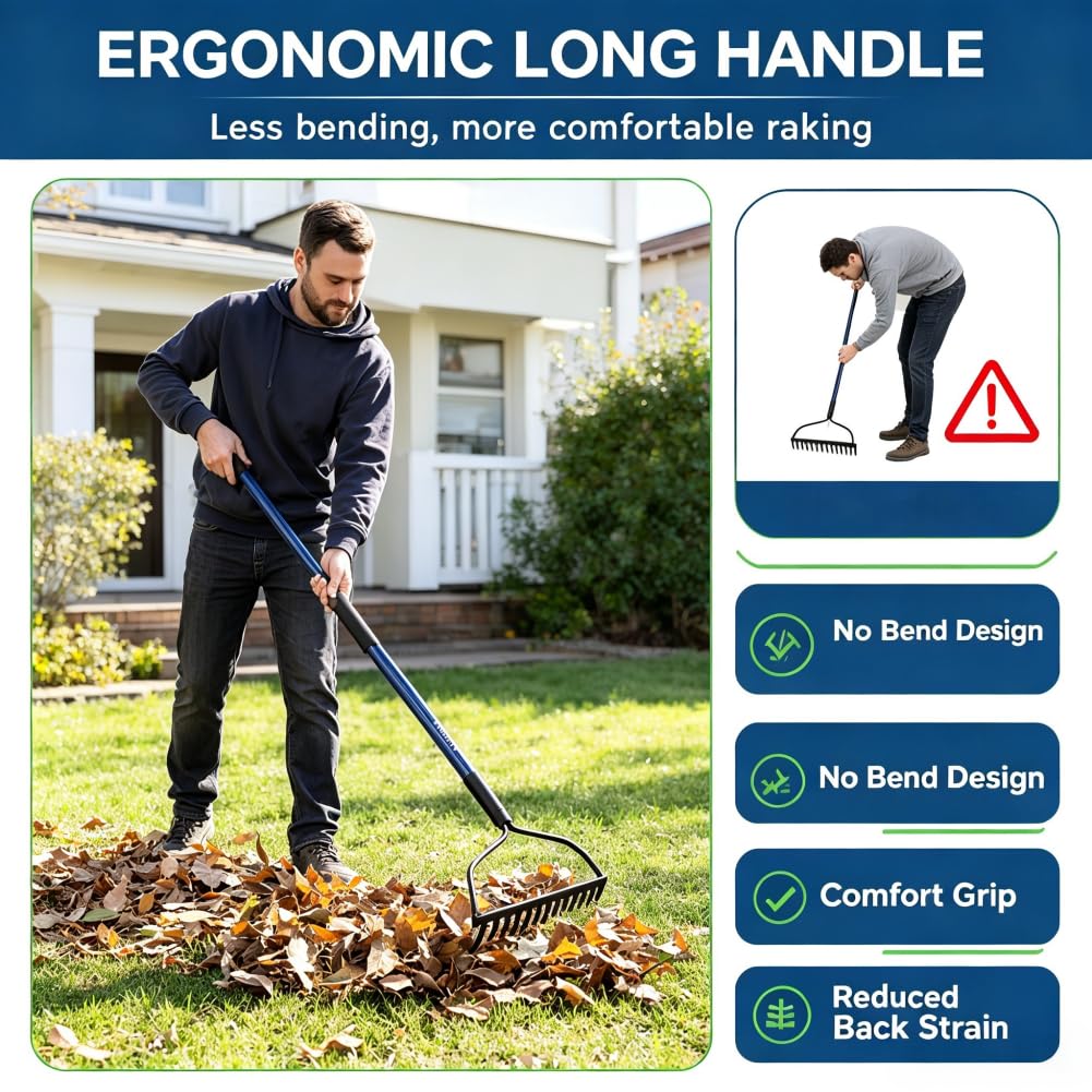 WIKER Heavy Duty Steel Garden Rake, 57 Inch Fiberglass Long Handle with 14 Tempered Tines, One-Piece Non-Slip Yard Rake for Soil, Gravel, Leaves, Gardening & Landscaping