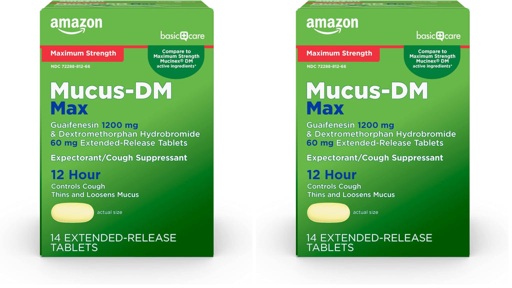 Amazon Basic Care Maximum Strength Mucus DM, Expectorant and Cough Suppressant, Chest Congestion Relief, 12 Hour, 14 Tablets (Pack of 2)