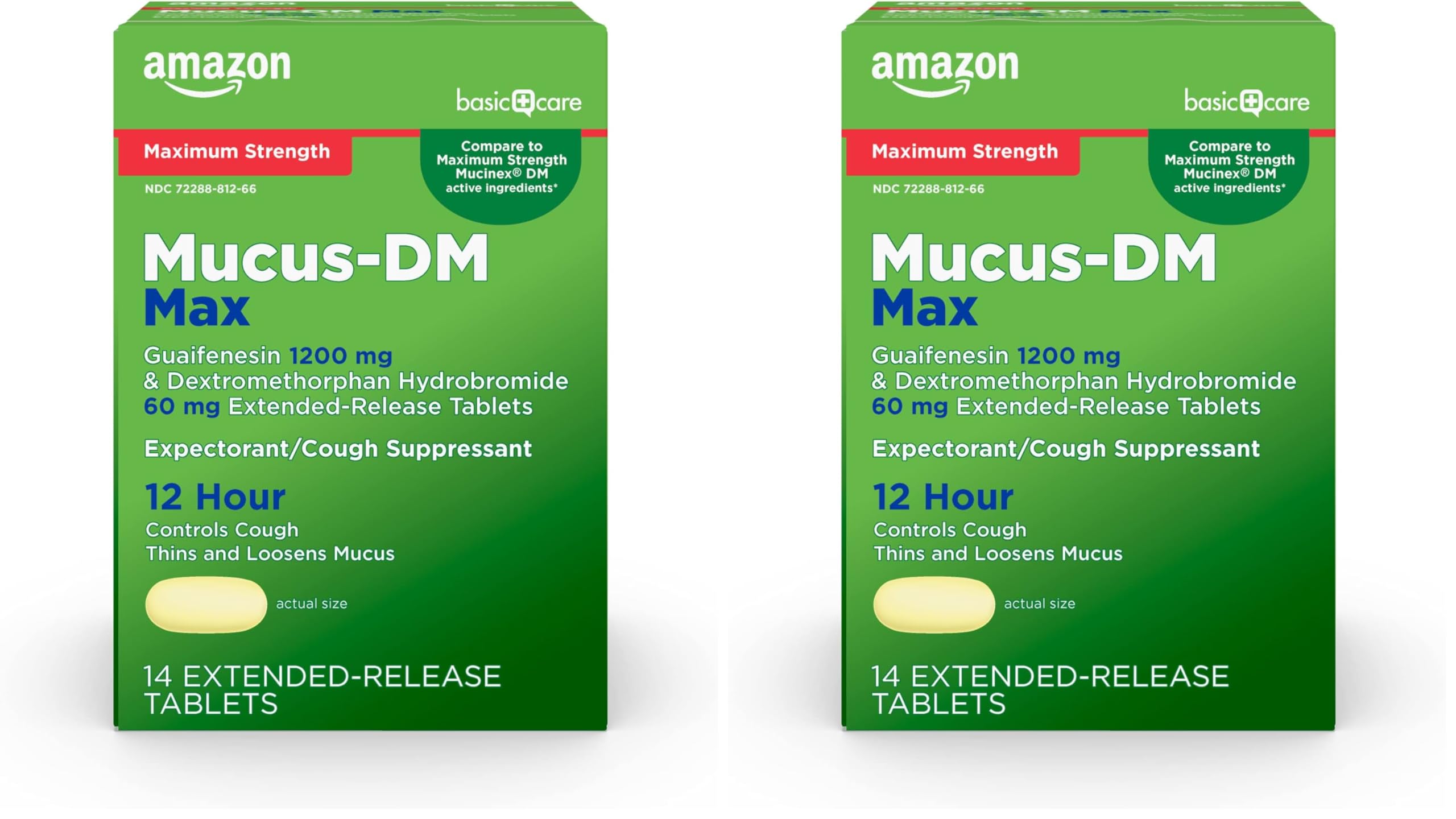 Amazon Basic Care Maximum Strength Mucus DM, Expectorant and Cough Suppressant, Chest Congestion Relief, 12 Hour, 14 Tablets (Pack of 2)