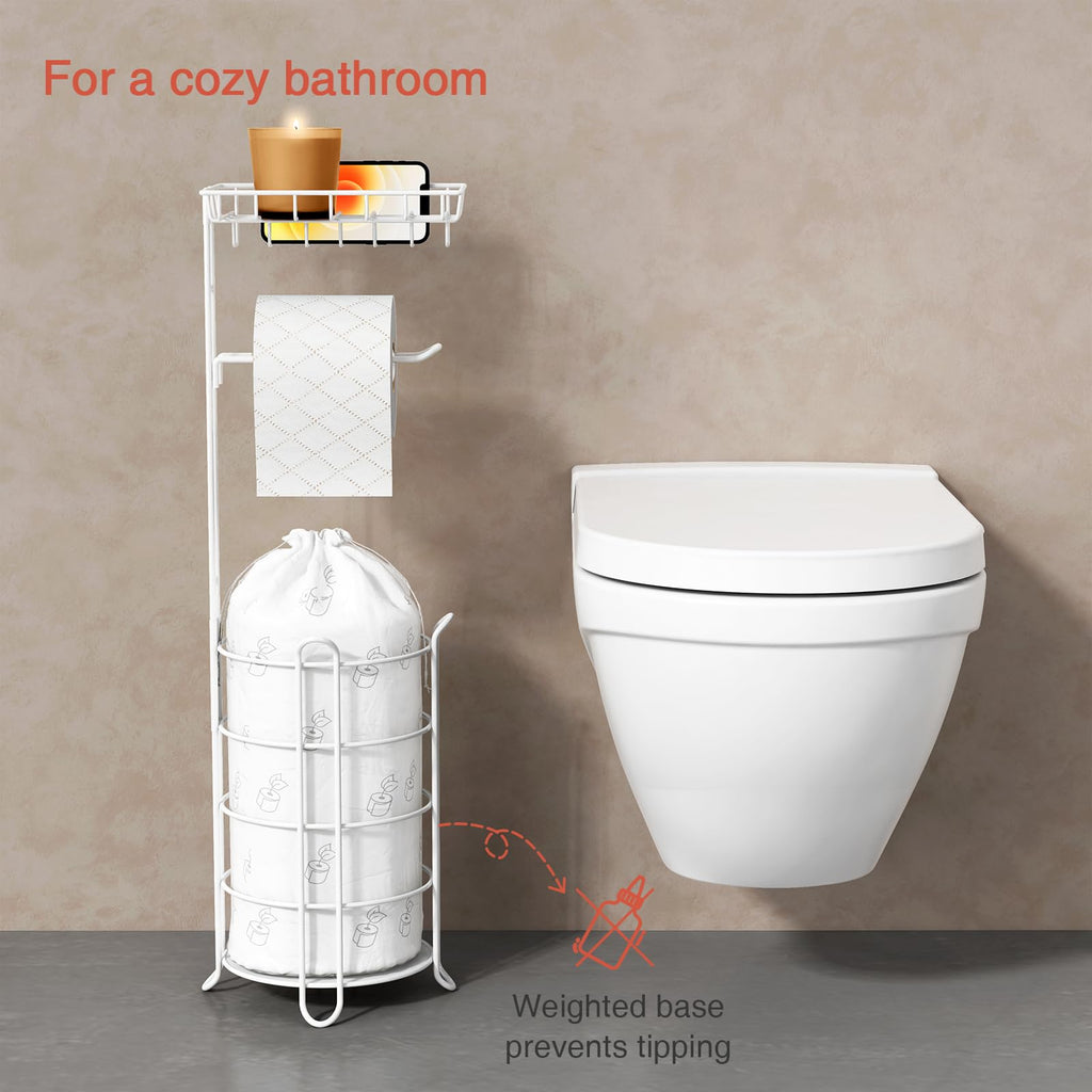Goozii White Toilet Paper Holder Stand with Shelf, Free Standing Bathroom Tissue Holder for Large Mega Rolls, Metal Floor Toilet Paper Roll Holder with Wipes Storage and Phone Tray (White)