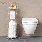 Goozii White Toilet Paper Holder Stand with Shelf, Free Standing Bathroom Tissue Holder for Large Mega Rolls, Metal Floor Toilet Paper Roll Holder with Wipes Storage and Phone Tray (White)