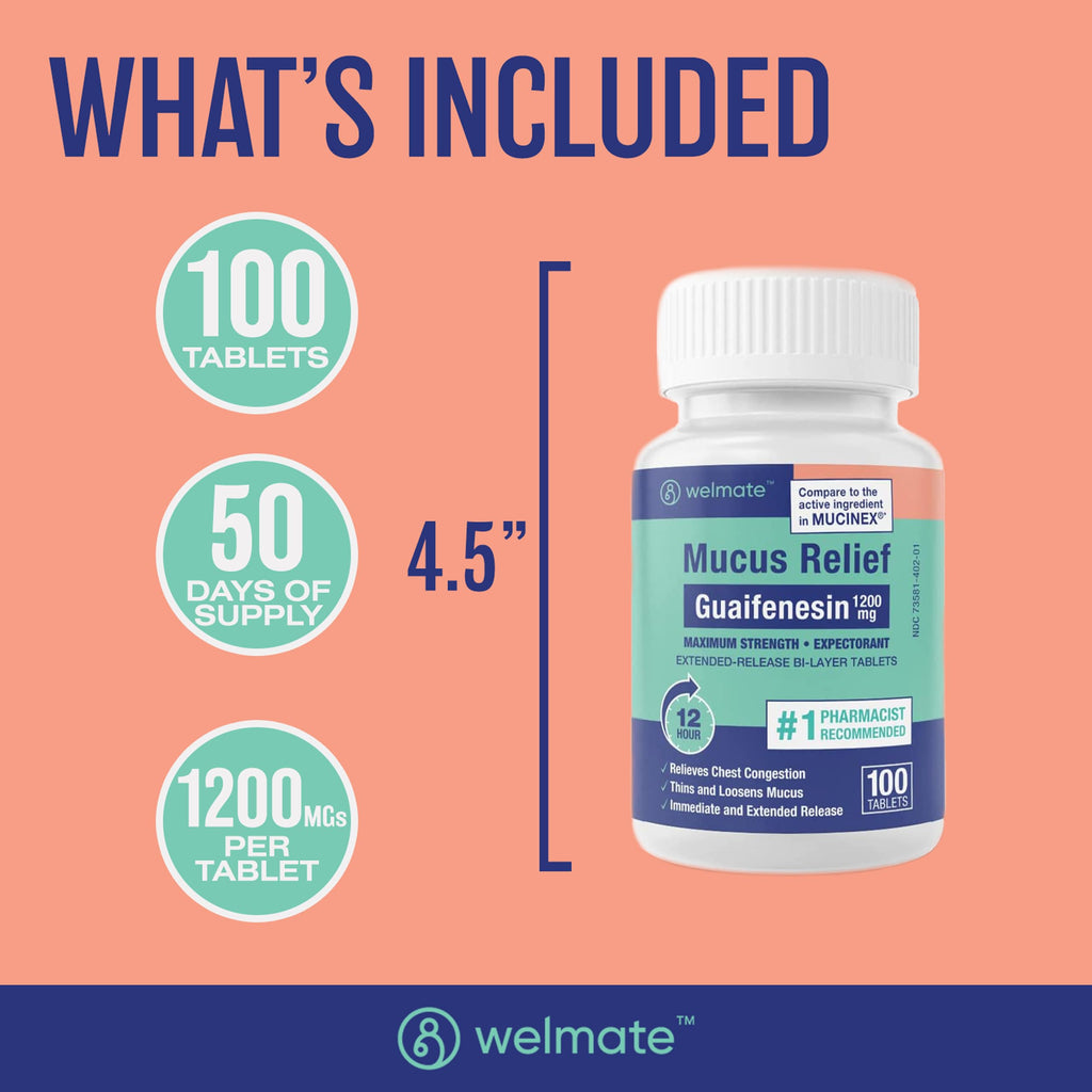 WELMATE - Mucus Relief - Guaifenesin 1200 mg Maximum Strength - Extended-Release Expectorant Tablets - Helps Clear Chest Congestion & Loosen Mucus - 12 Hour Relief - 100 Count