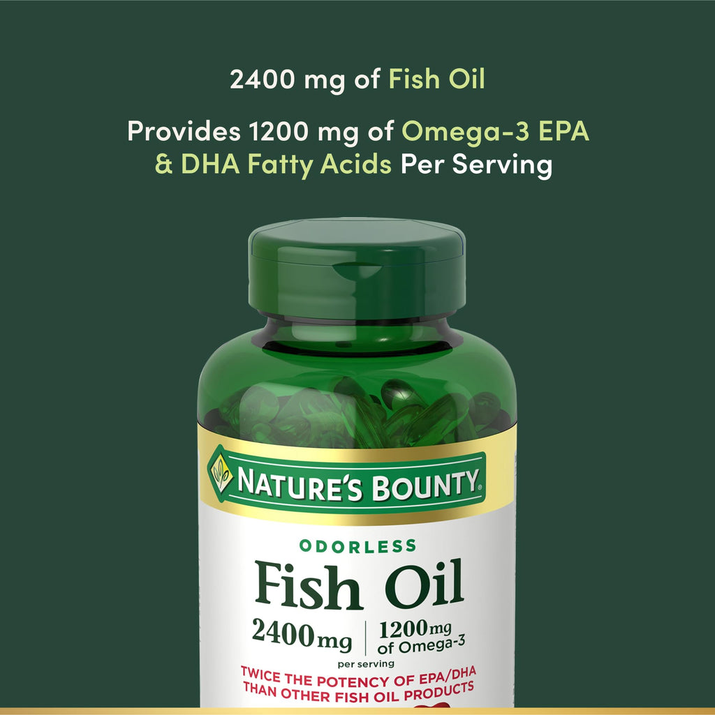 Nature's Bounty Odorless Fish Oil, 1200mg Omega-3 per Serving Including EPA & DHA, Supports Heart Health, Purified to Eliminate Mercury, Coated Softgels, Gluten Free, No Shellfish, 90 Ct (Pack of 3)