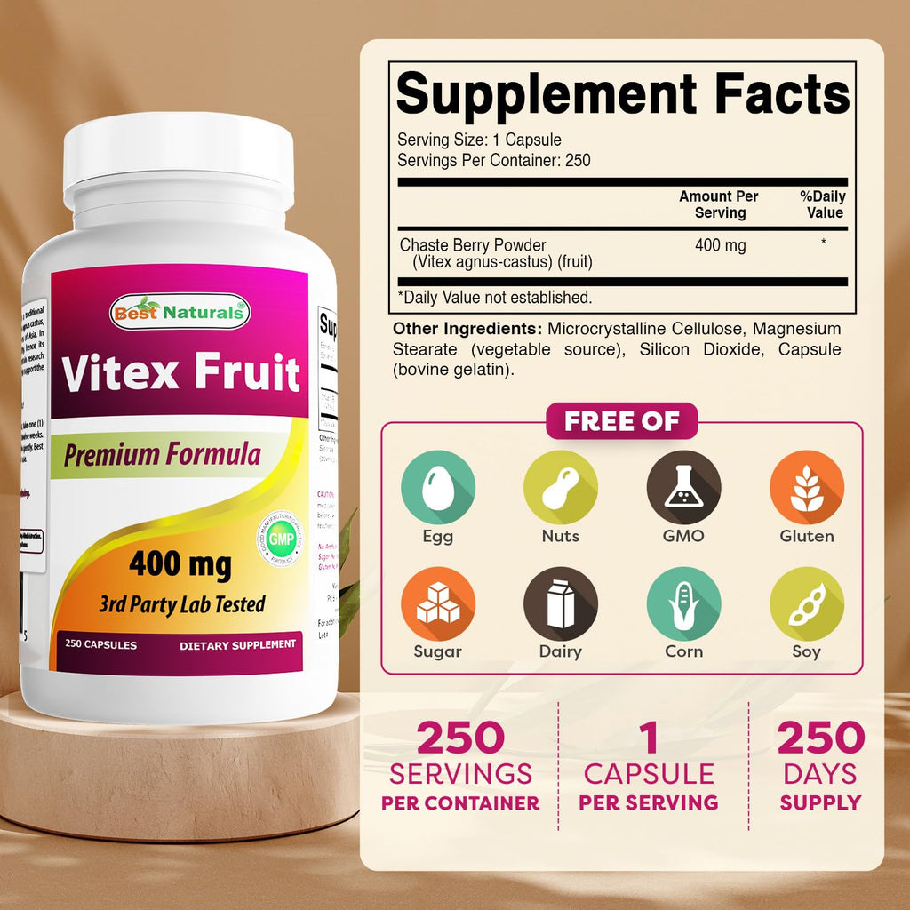 Best Naturals Vitex Chasteberry 400 mg 250 Capsules (Pack of 3)