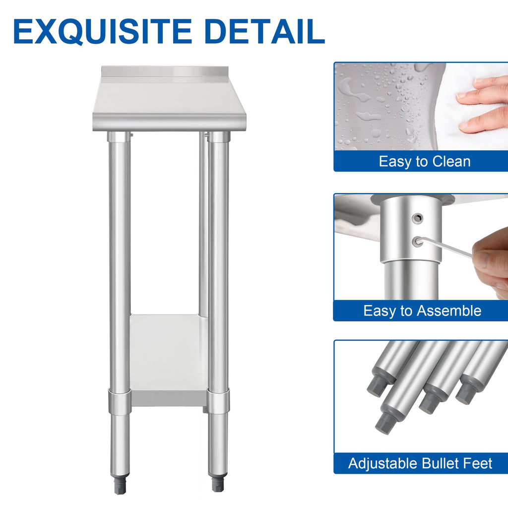 HARDURA Stainless Steel Commercial Work Table Prep Work Metal Table 24×12 Inches with Undershelf and 2" Backsplash Heavy Duty NSF 430 for Kitchen Food Prep