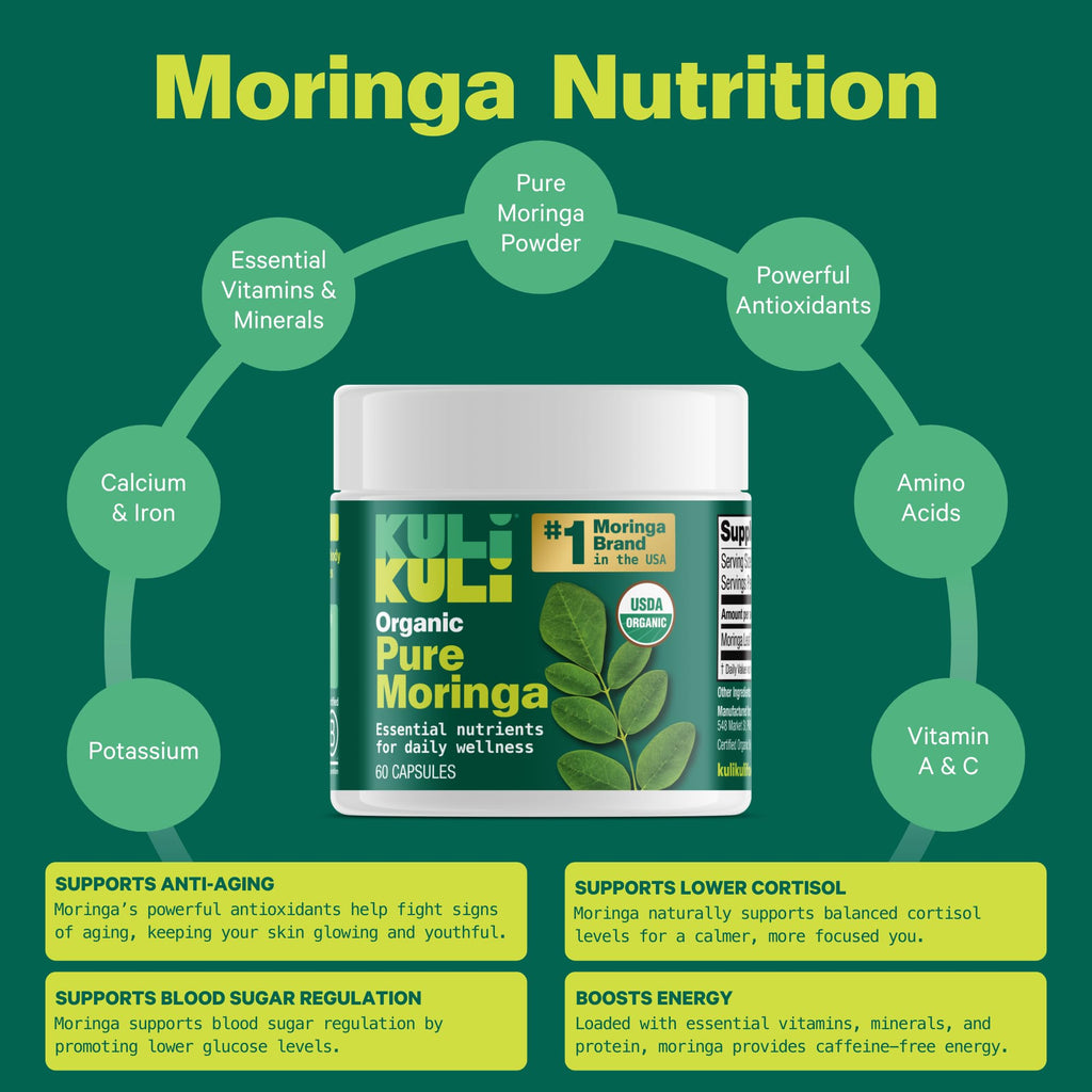 Kuli Kuli Organic Moringa Capsules 120 Count - Premium Moringa Leaf Powder Capsules - Nutrient-Dense Superfood for Energy, Vitality, and Wellness