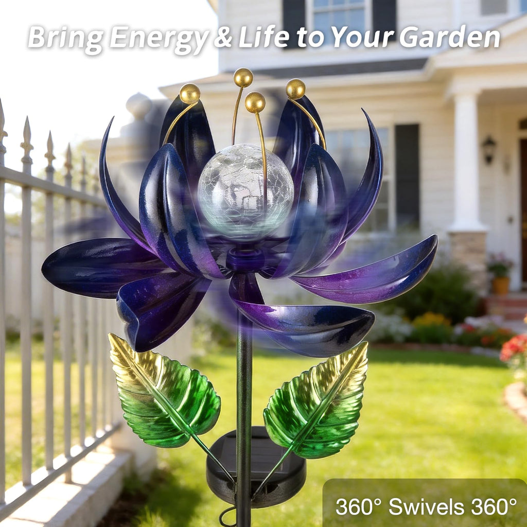 AIINY Solar Purple Metal Flower Wind Spinners, Colorful Spinning Windmill Lotus Yard Art Lights Wind Pinwheels with LED Crystal Ball Decorative Stake Lighting Flower Sculpture