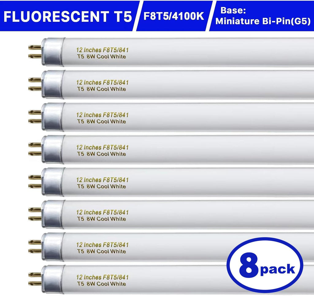 Konideke 8 Pack F8T5/CW Fluorescent Bulbs, T5 12 inch 8 Watts Under Cabinet Light Bulb Cool White, G5 Mini Bi 420 Lumen